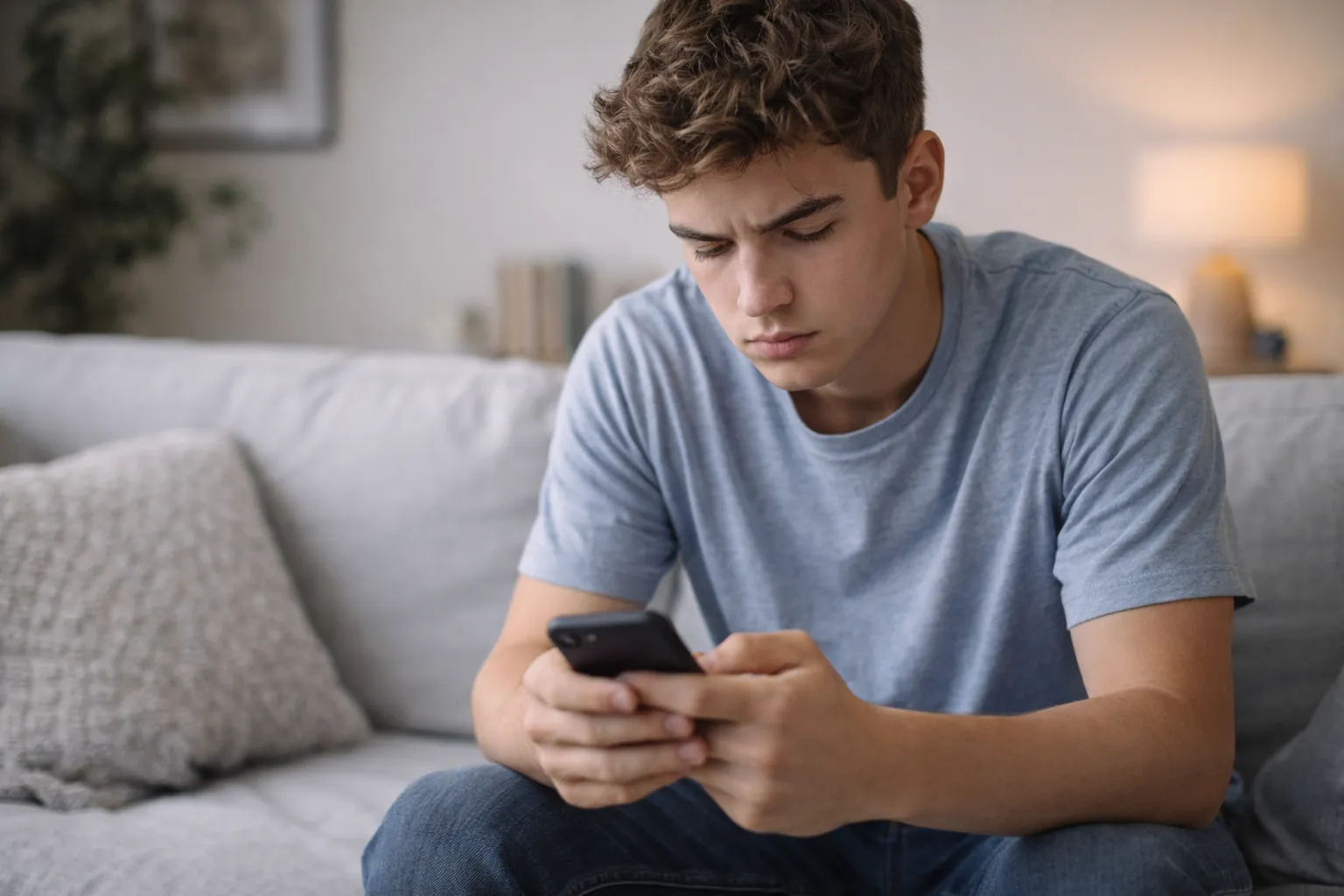 Teenage boy sitting and looking thoughtful