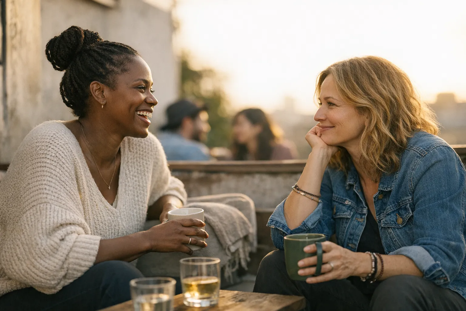 Two close friends share a candid laugh in soft natural light, conveying warmth, trust, and the everyday foundations of strong friendship.