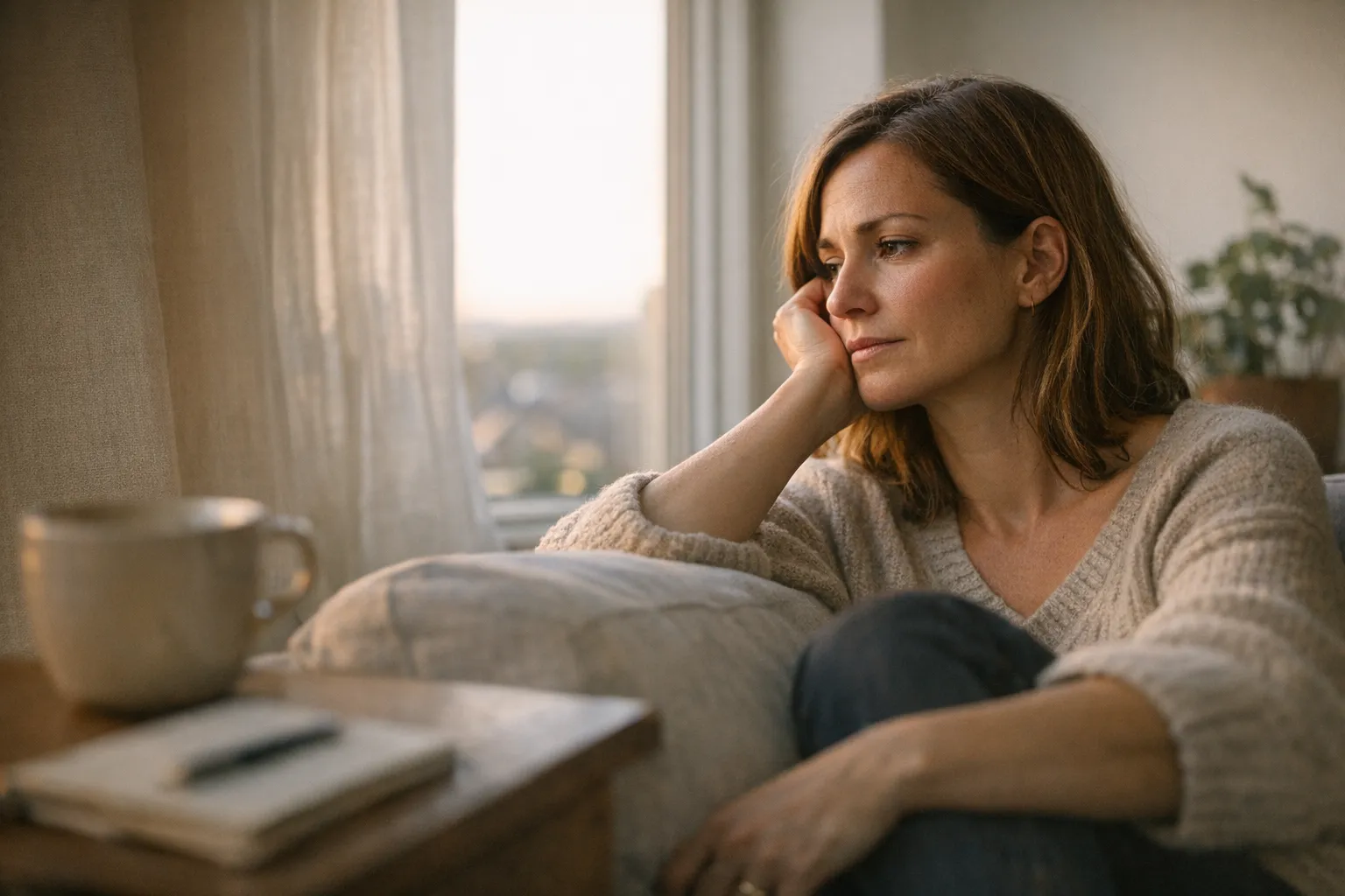 Thoughtful person sitting by a window in soft natural light, looking down with a reflective expression, suggesting uncertainty after a relationship decision.