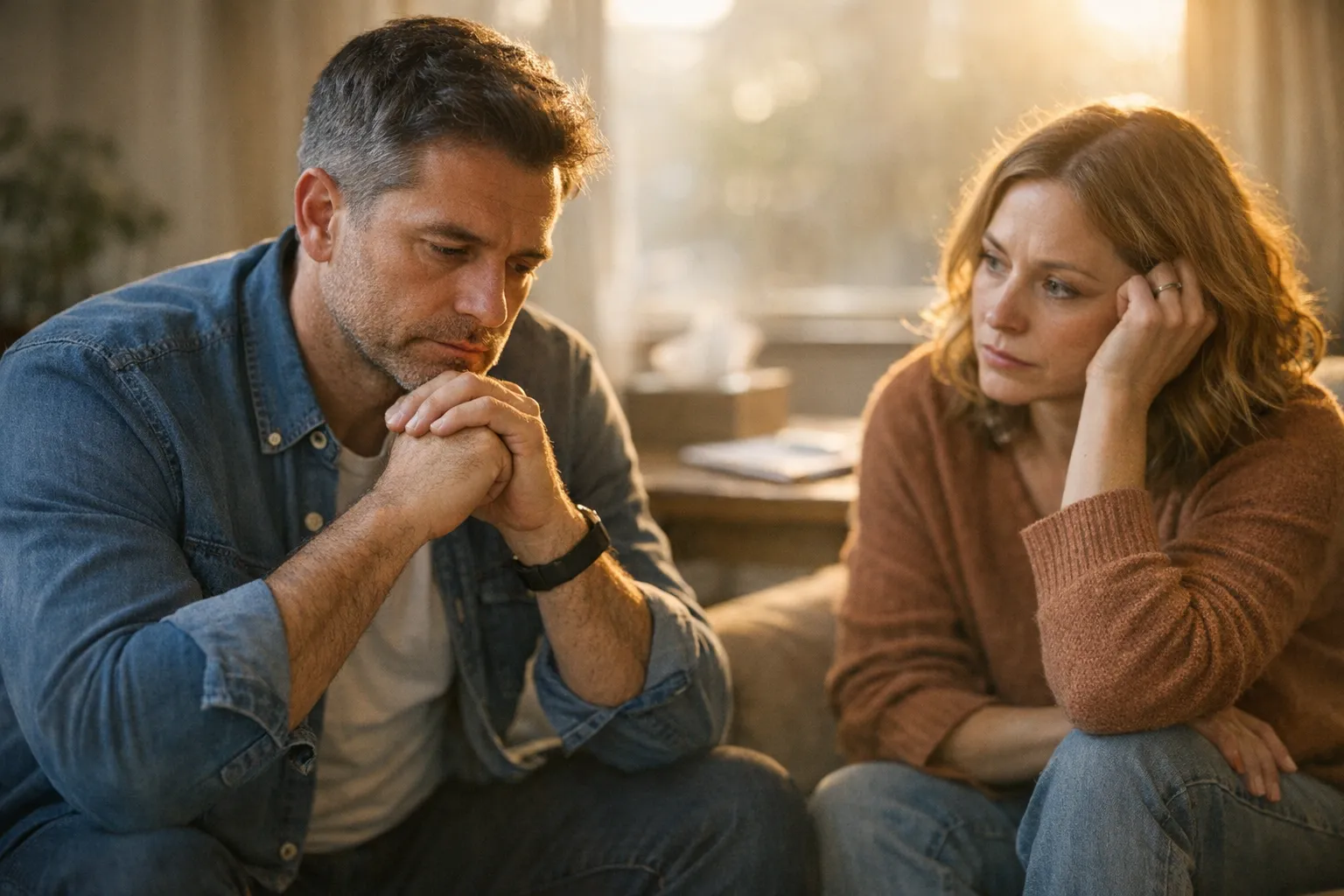 Couple sitting together by a sunlit window, facing away from each other, expressions reflecting tension and contemplation about their relationship.