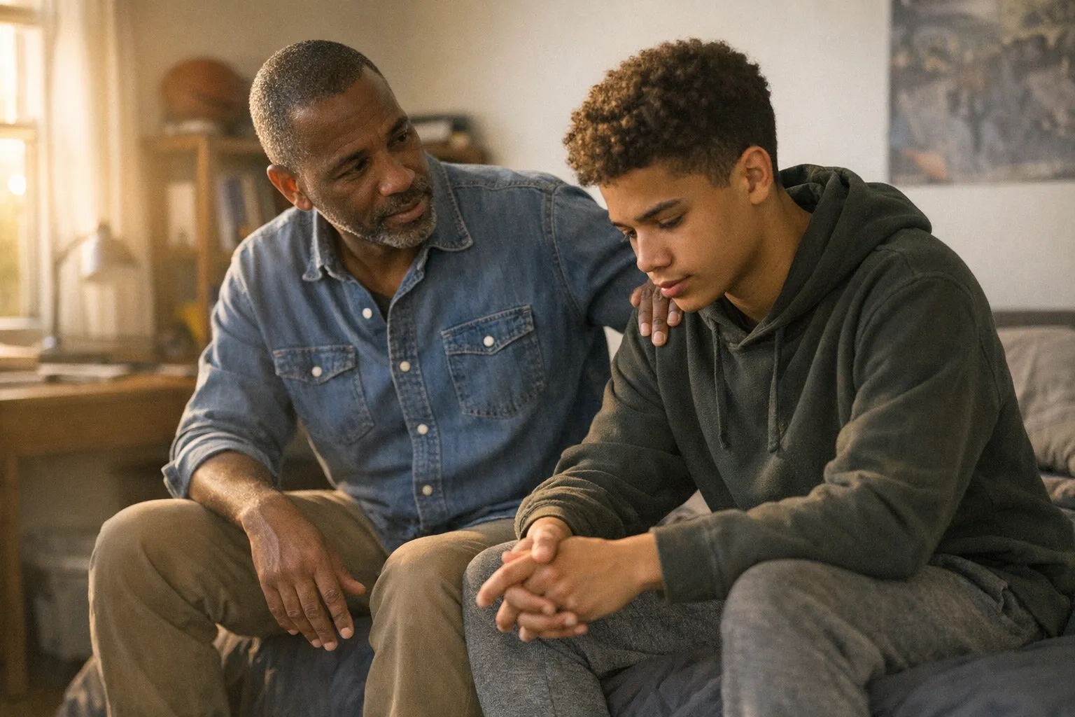 Man and teenage boy sit together in soft natural light, looking thoughtful and at ease, suggesting emotional openness, reflection, and connection.