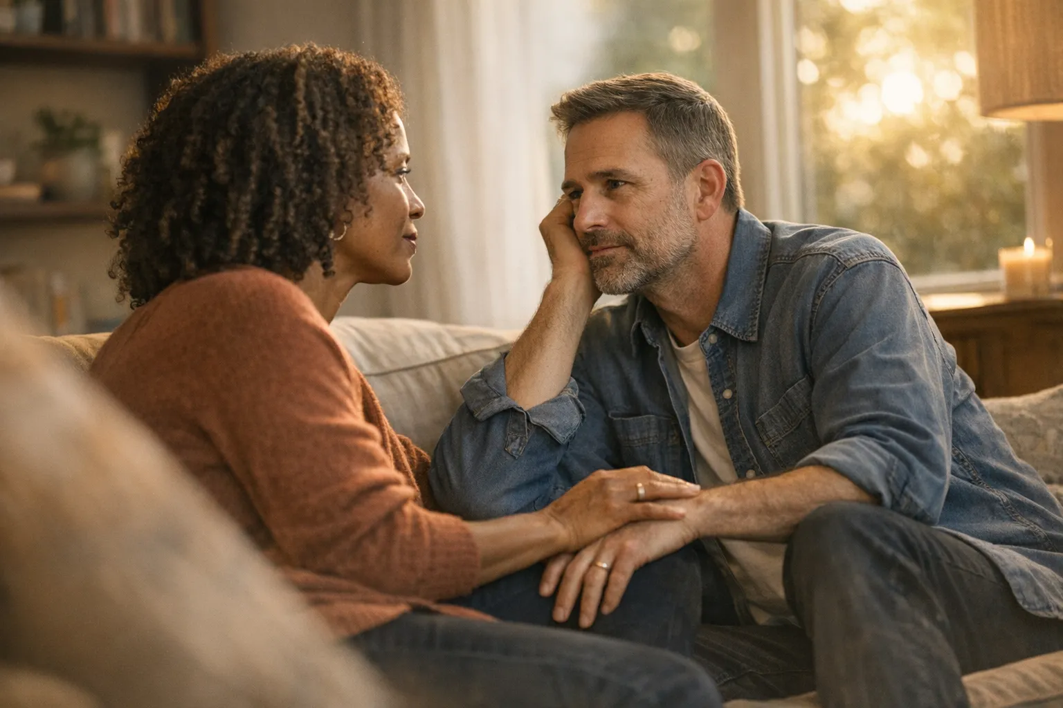 Couple sitting close at home in soft natural light, making calm eye contact that suggests honesty, warmth, and emotional connection.