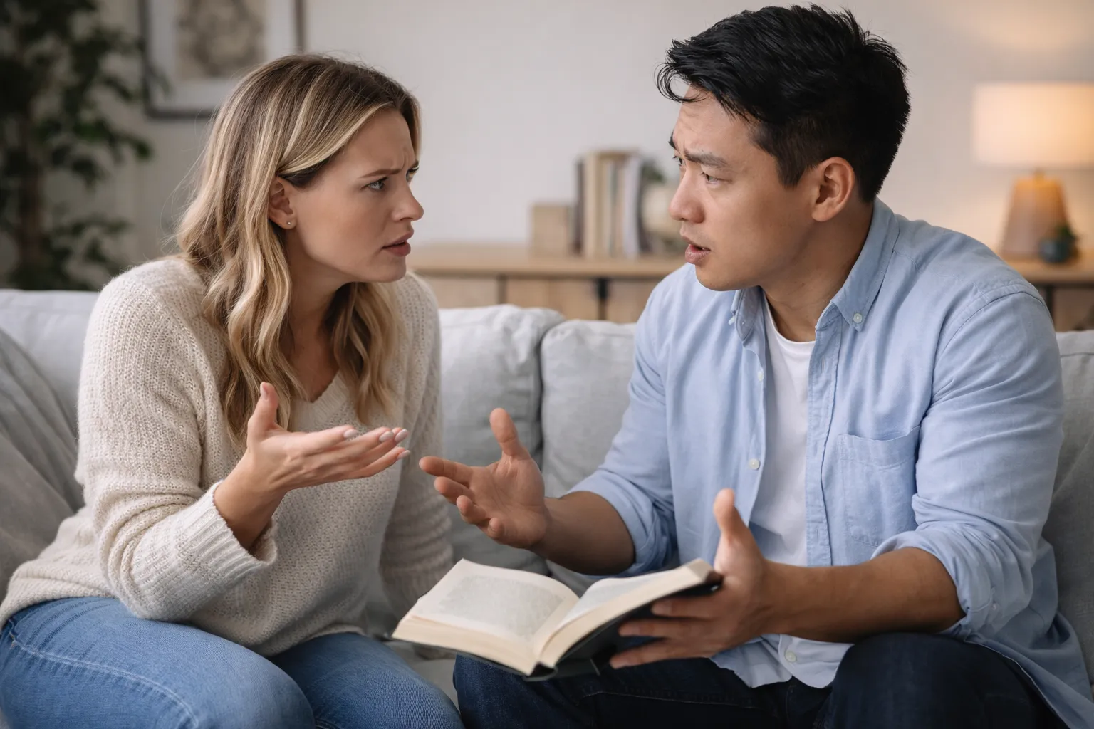 Couple sitting on a sofa having a tense conversation during a disagreement