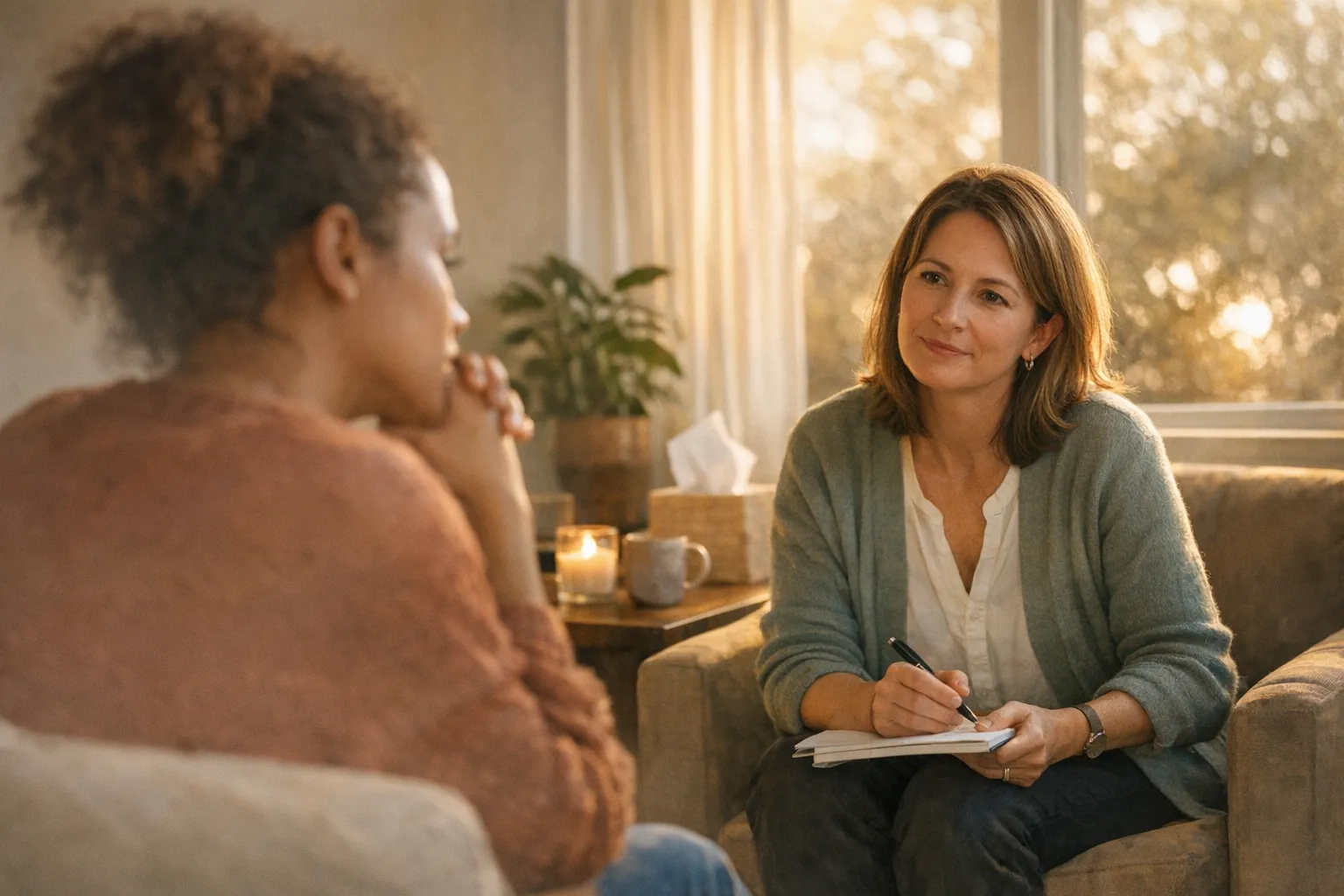 Client and therapist sit across from each other in soft natural light, sharing an open, attentive conversation in a calm, comfortable office.