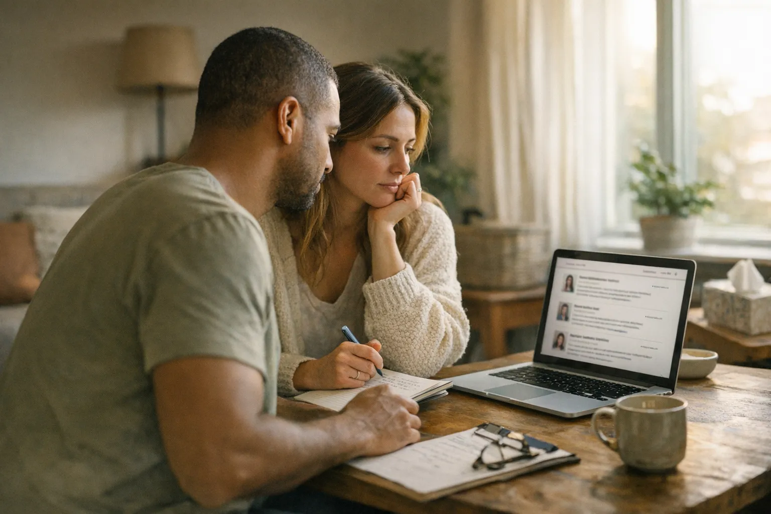 A couple sits together in a softly lit therapy office, listening as a therapist speaks, conveying care, vulnerability, and the search for the right fit.