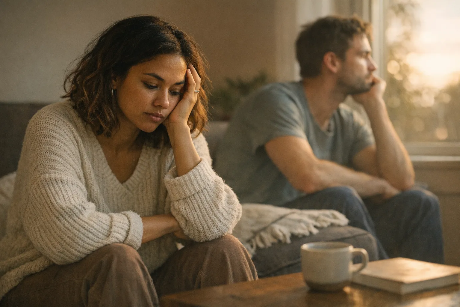 A couple sits apart in quiet tension at home, avoiding eye contact in soft natural light, suggesting deeper relationship misalignment.