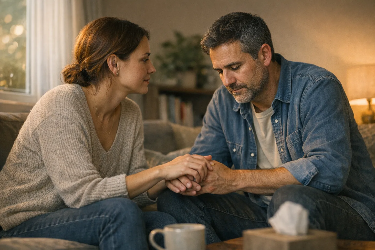 Couple sitting together at home in soft natural light, talking quietly with concerned but supportive expressions after a recent job loss.