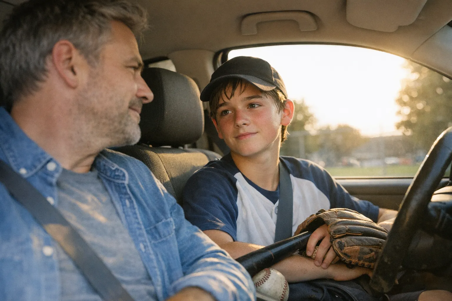 Parent and child in sports gear sit together after a game in warm natural light, sharing a calm candid moment that suggests support over pressure.