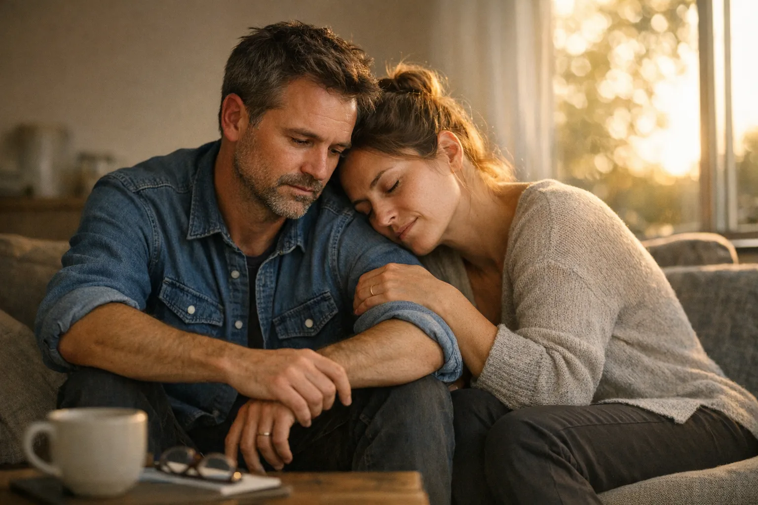 Couple at a kitchen table in soft natural light, one partner looking worried over bills or a laptop while the other offers quiet, supportive presence.