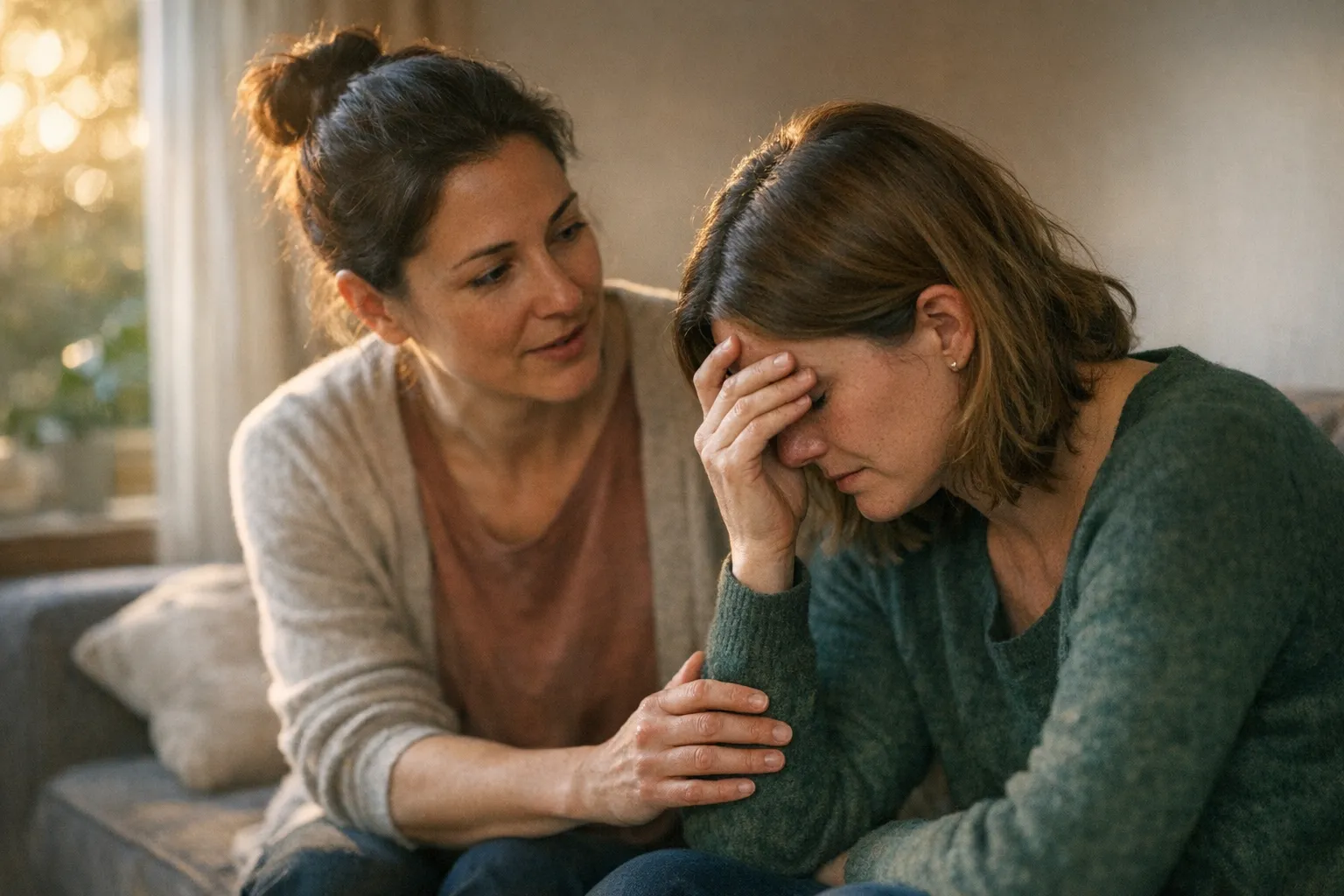 One person speaks gently with a friend who looks distressed, seated together in soft natural light, conveying compassionate support during a hard time.