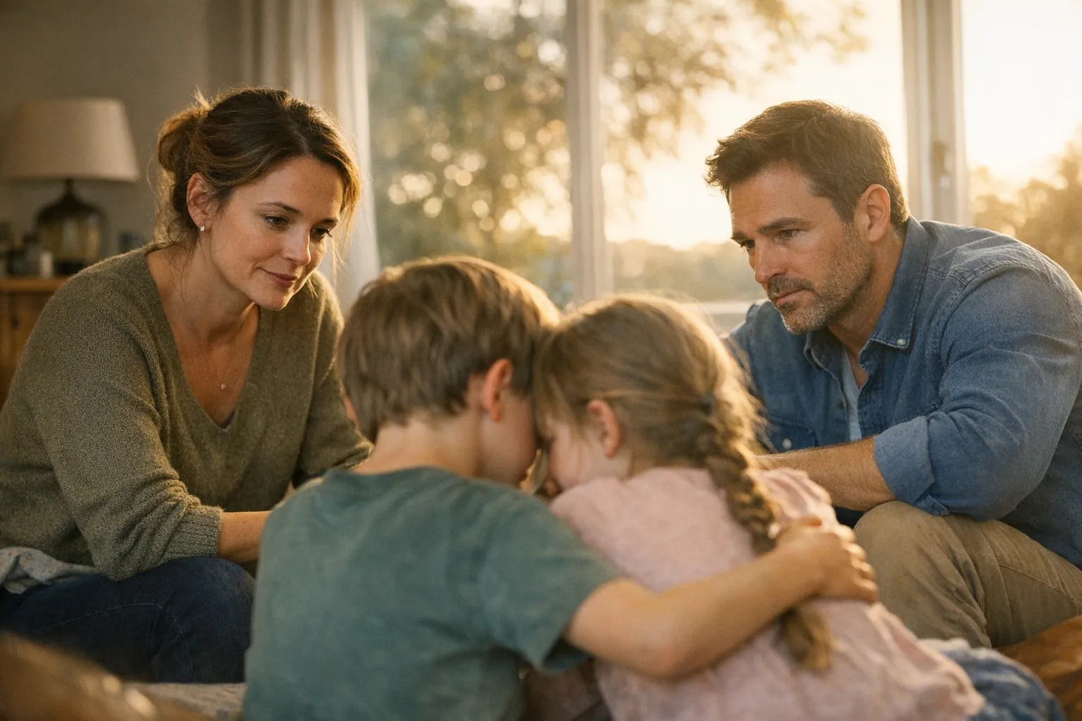 Parent sitting with two children on a sofa in soft natural light, having a calm, serious family conversation at home.