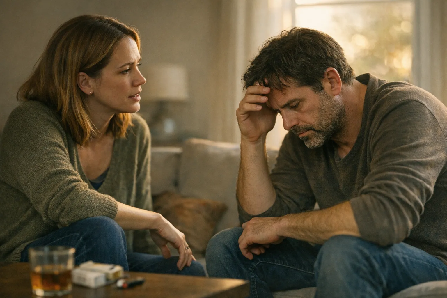 A woman sits near a window, looking concerned as her partner faces away, capturing the tension of trying to talk about addiction while staying safe.