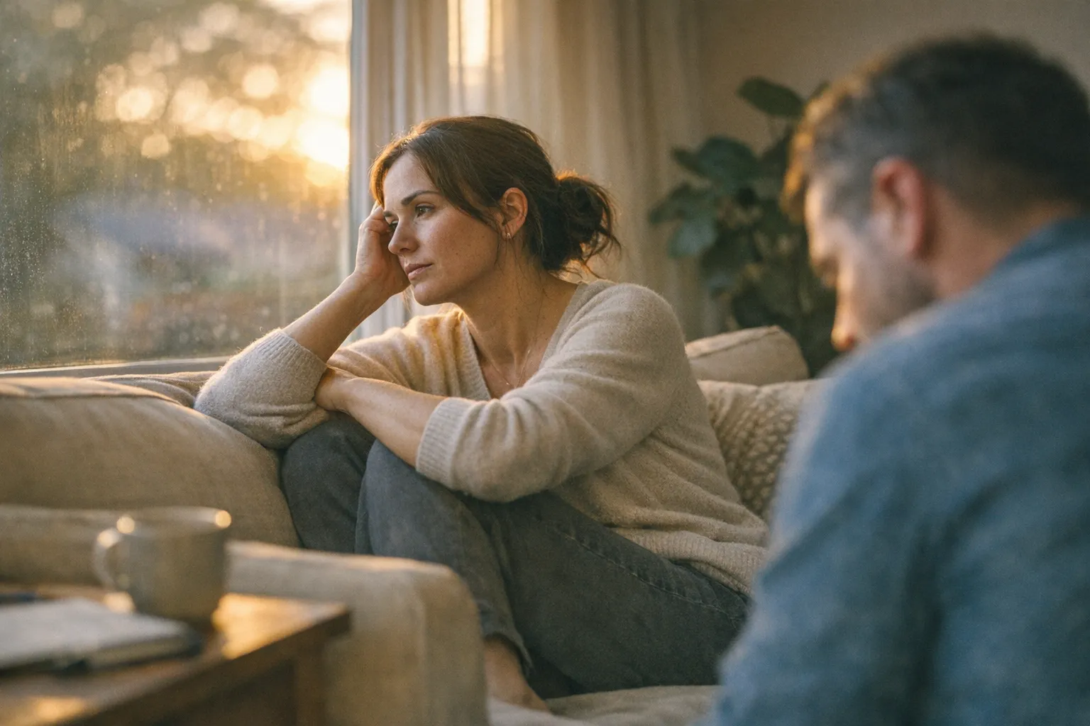 Person sitting by a window journaling with a thoughtful, slightly uncertain expression, suggesting quiet reflection on whether therapy is helping.