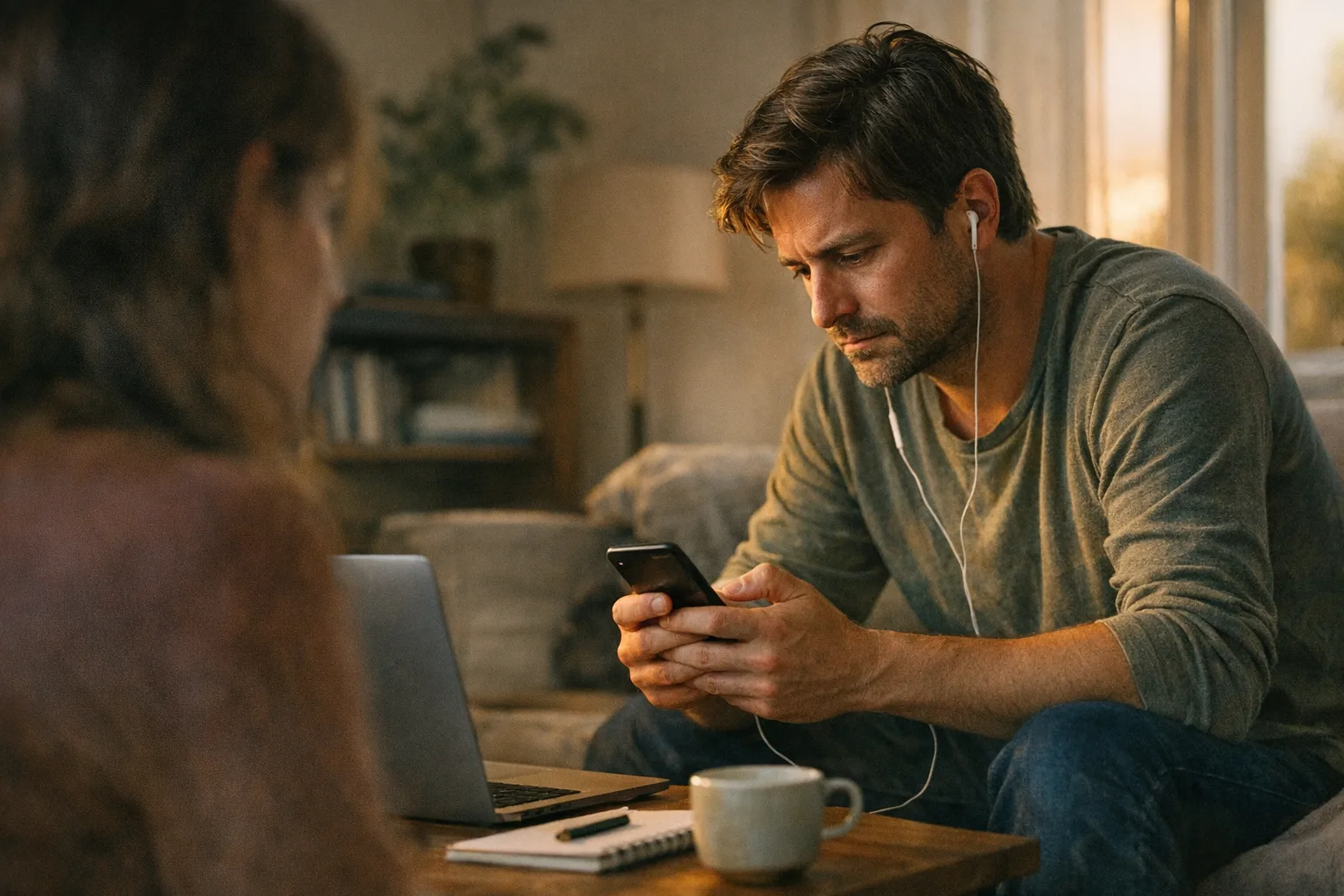 Person alone on a couch at dusk, absorbed in a phone chat while a partner sits nearby out of focus, suggesting AI overuse and relationship strain.