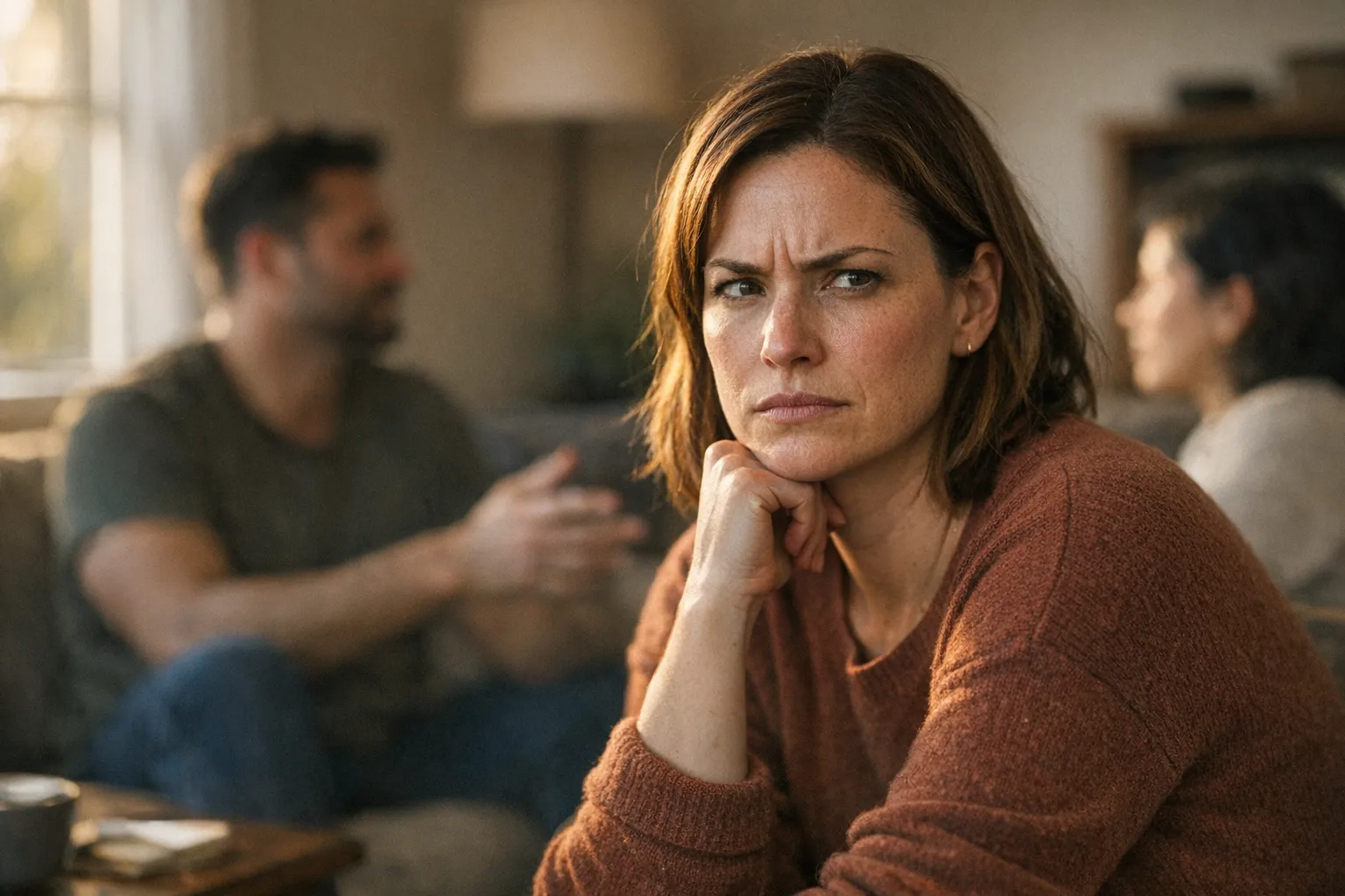 Person in a room with others looks tense and slightly angry, lit by soft natural light, suggesting reflection on recurring conflict in relationships.