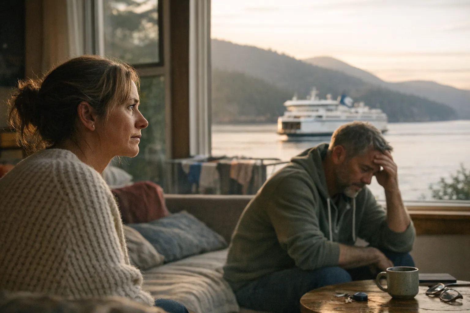 Couple standing near a ferry terminal on a grey island day, looking out over the water with quiet tension, reflecting the pressures of island life.