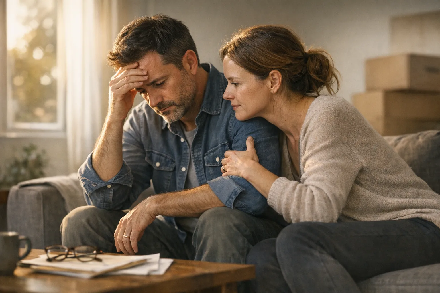 Couple sitting together at a kitchen table with bills and a laptop, sharing a quiet, worried moment in soft natural light.