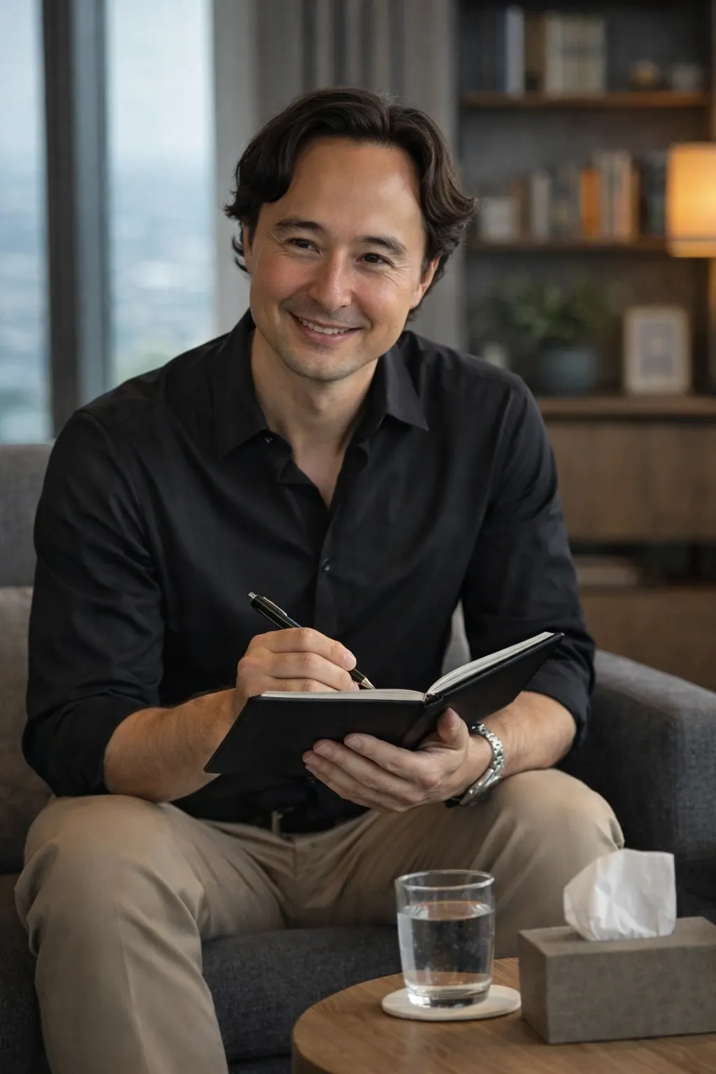 Man sitting on chair writing notes in book 