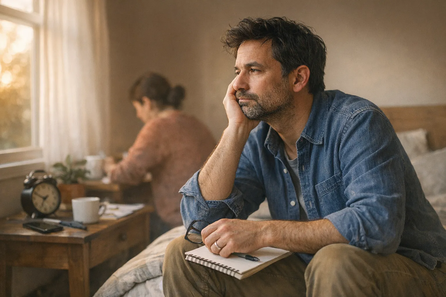 Adult seated at a kitchen table with a planner, sticky notes, and a thoughtful expression, suggesting the daily challenges and strengths of living with ADHD.