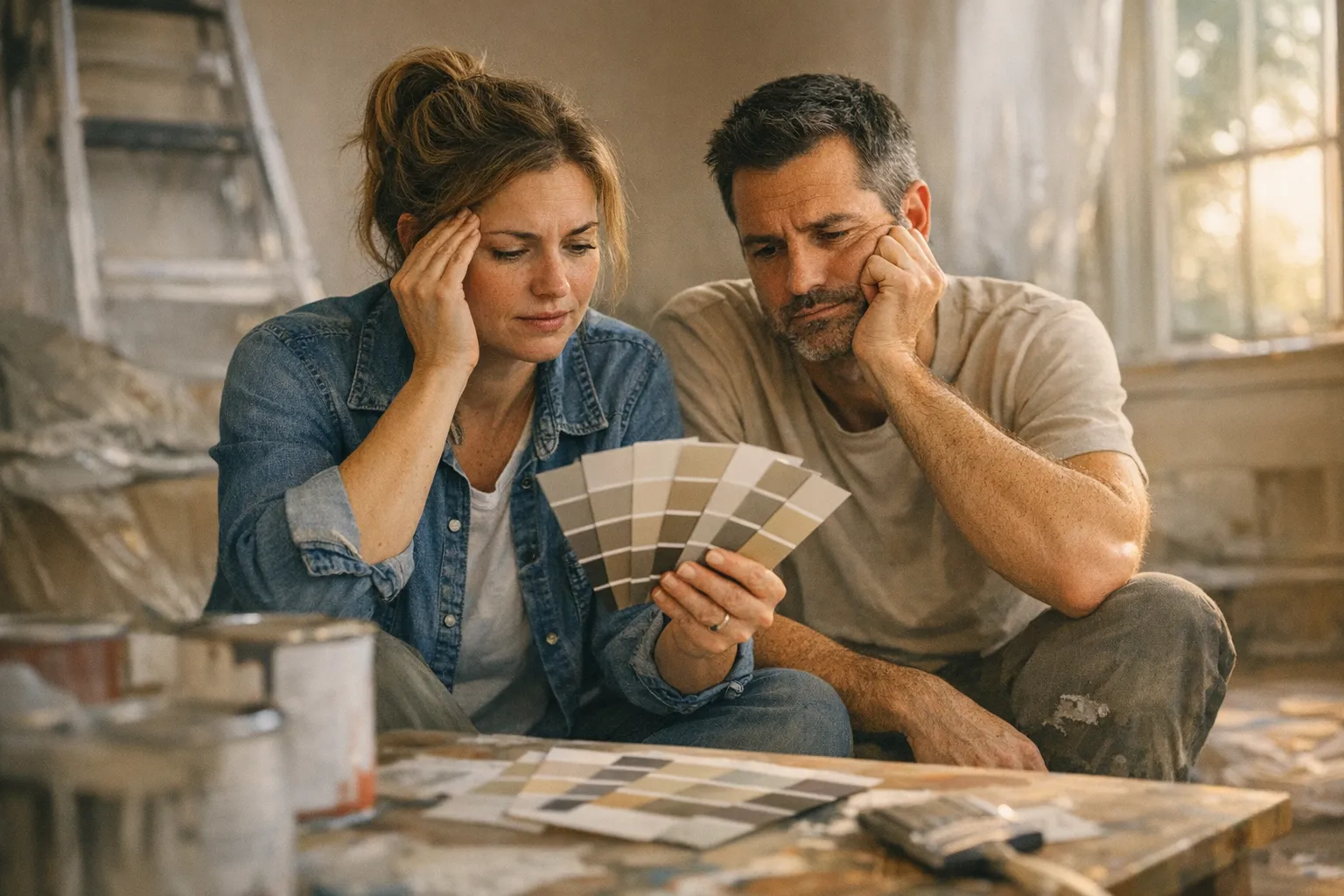 Couple with thoughtful expressions deciding on a paint color together in softly lit, naturally textured home setting during renovation.