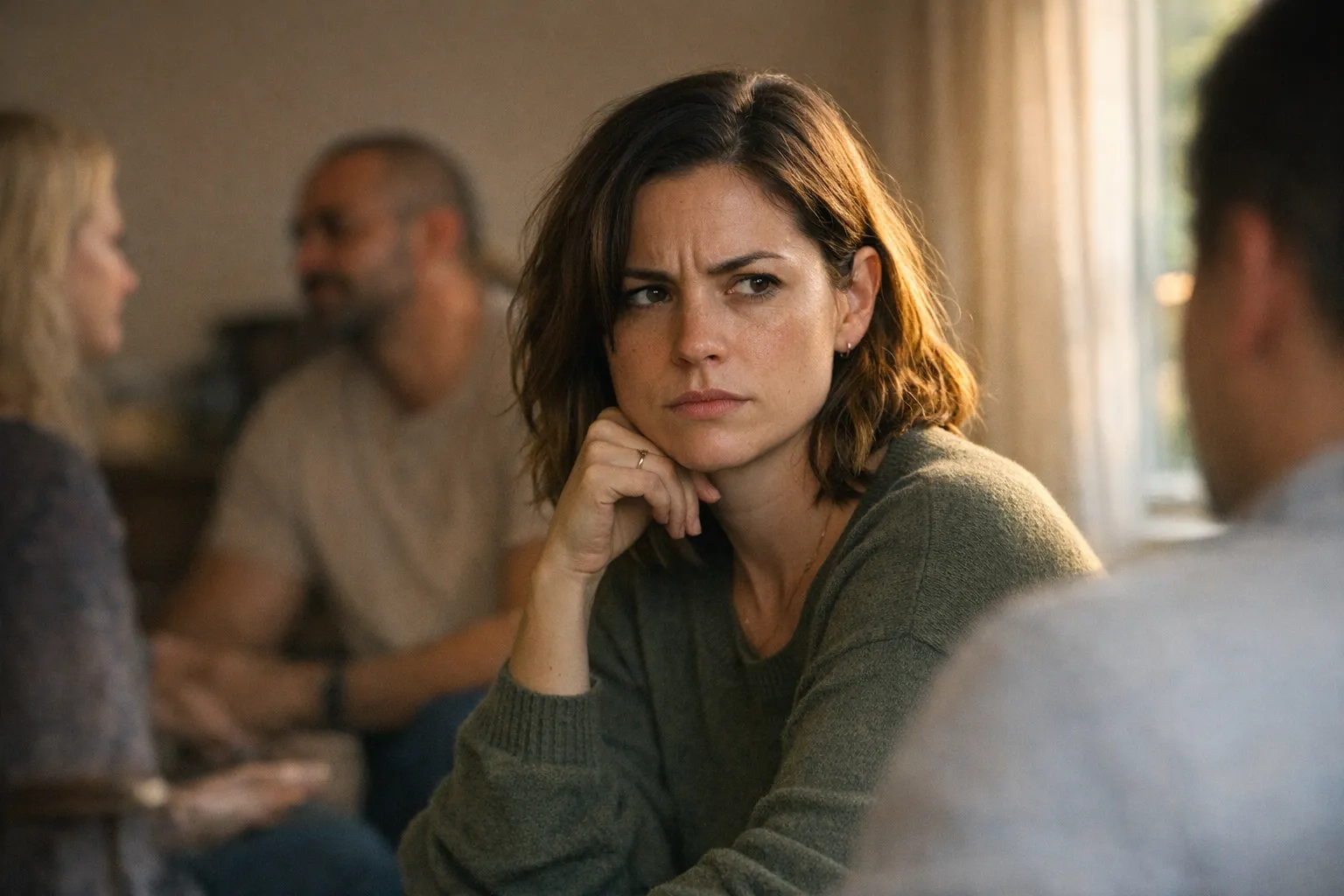 Person in a softly lit room with others nearby, looking tense and conflicted, suggesting the strain of deciding whether to stay in a relationship