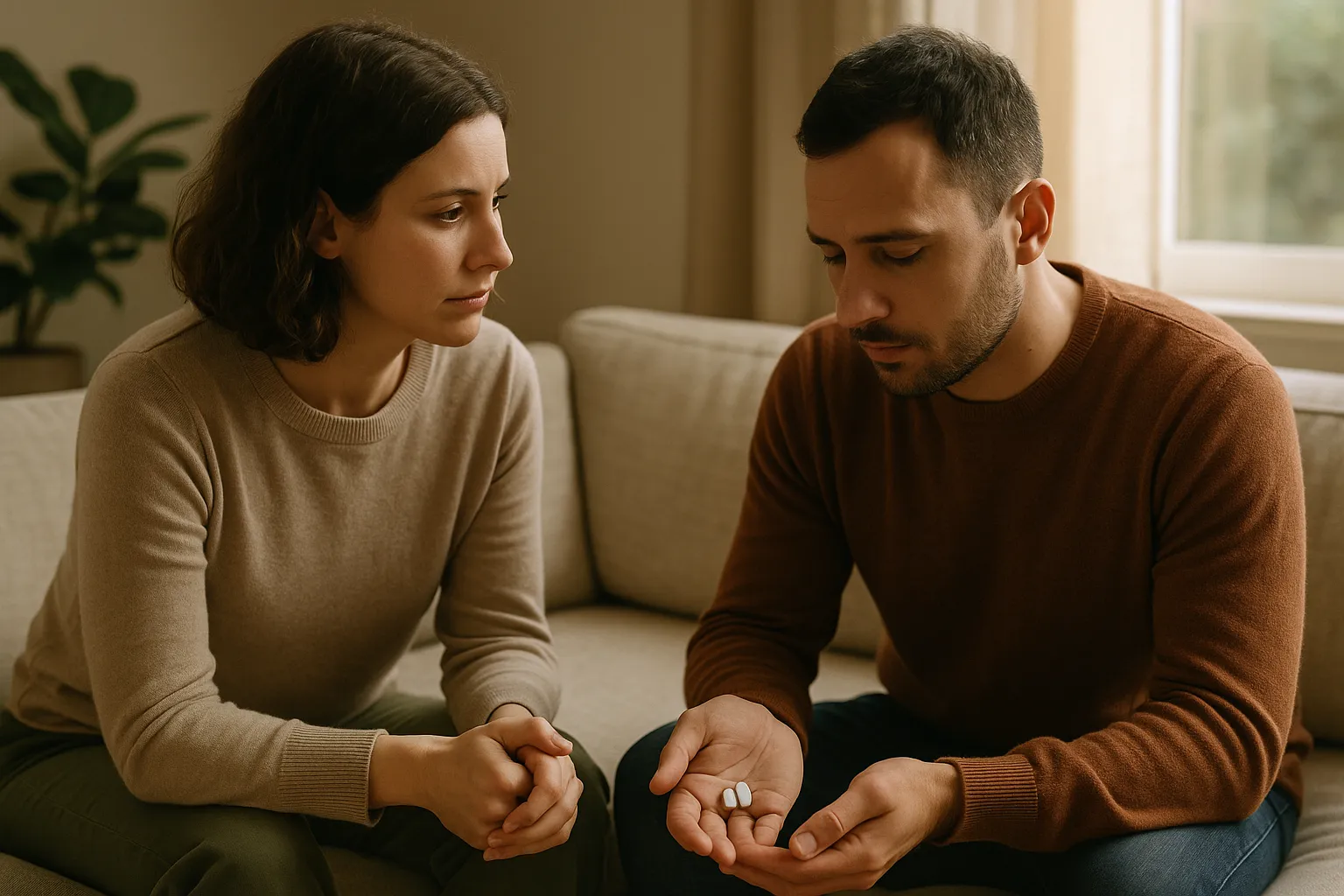 Couple sitting closely on a sofa in warm natural light, engaged in a calm and supportive conversation, reflecting trust and connection.