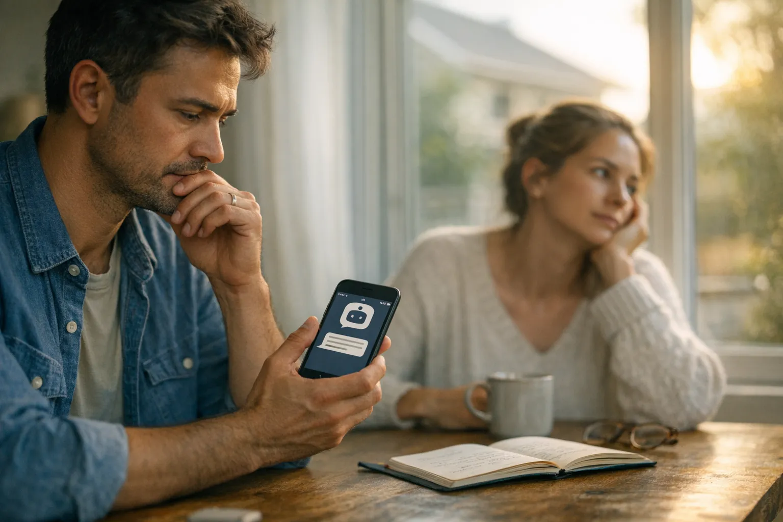 Person sitting alone at home, looking at a phone with a thoughtful, slightly uneasy expression in soft natural light, suggesting reflection on AI therapy.
