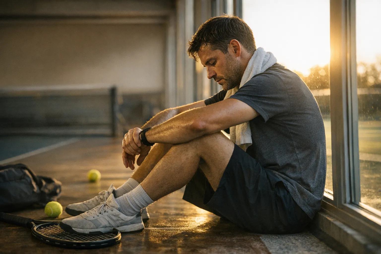 Focused athlete sitting quietly before training, eyes lowered in a moment of mental preparation, with soft natural light and a calm, reflective mood.