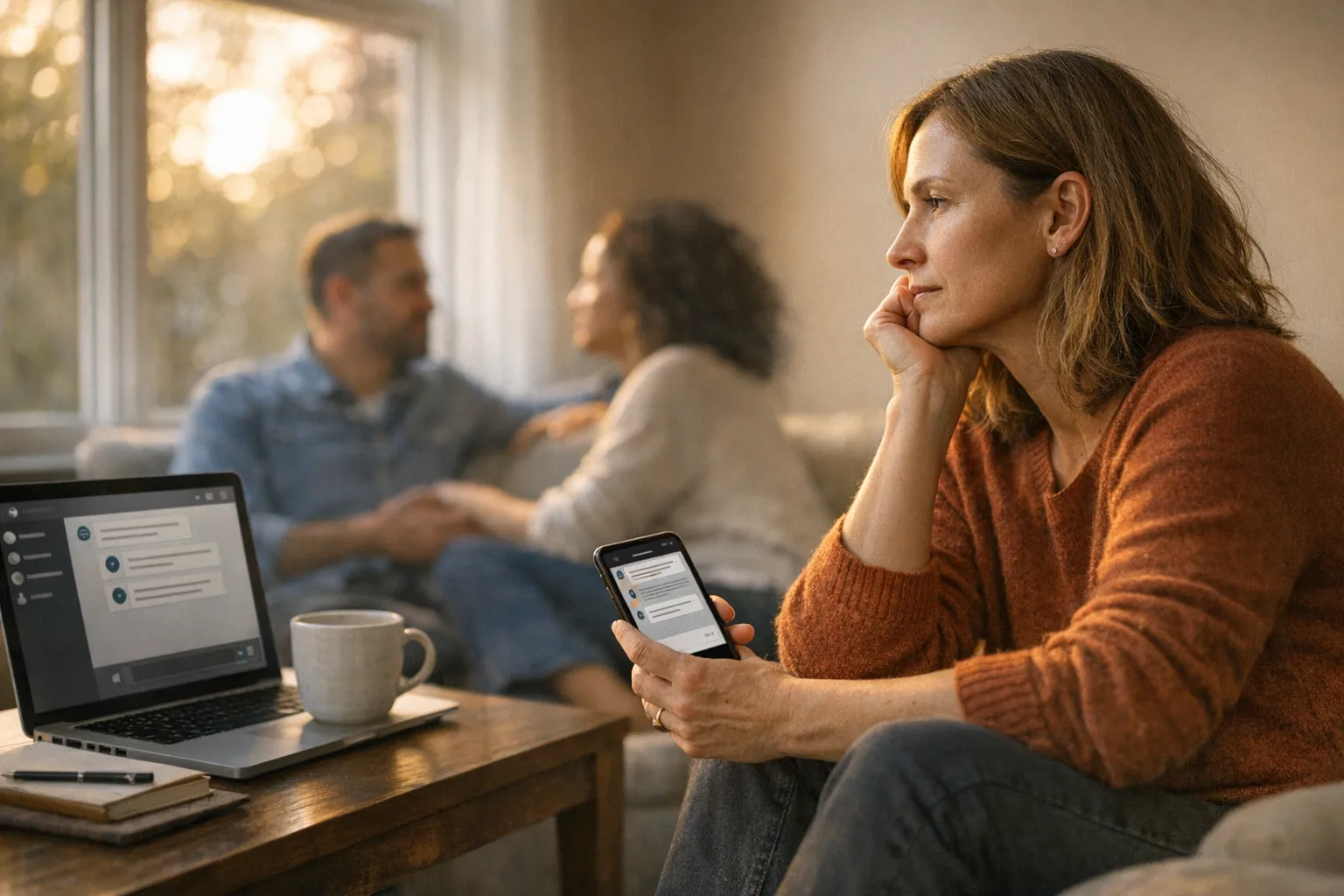 Person sits alone using a phone by a window while two people talk softly in the background, highlighting AI support versus real human connection.