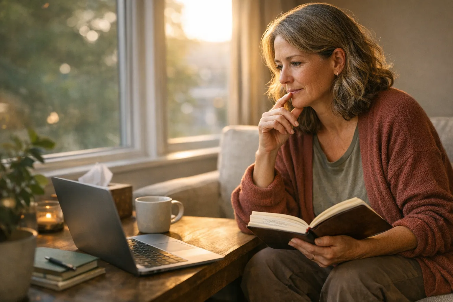 Person sitting by a window with a laptop and journal, pausing thoughtfully to reflect, suggesting AI as a between-session support tool with limits.