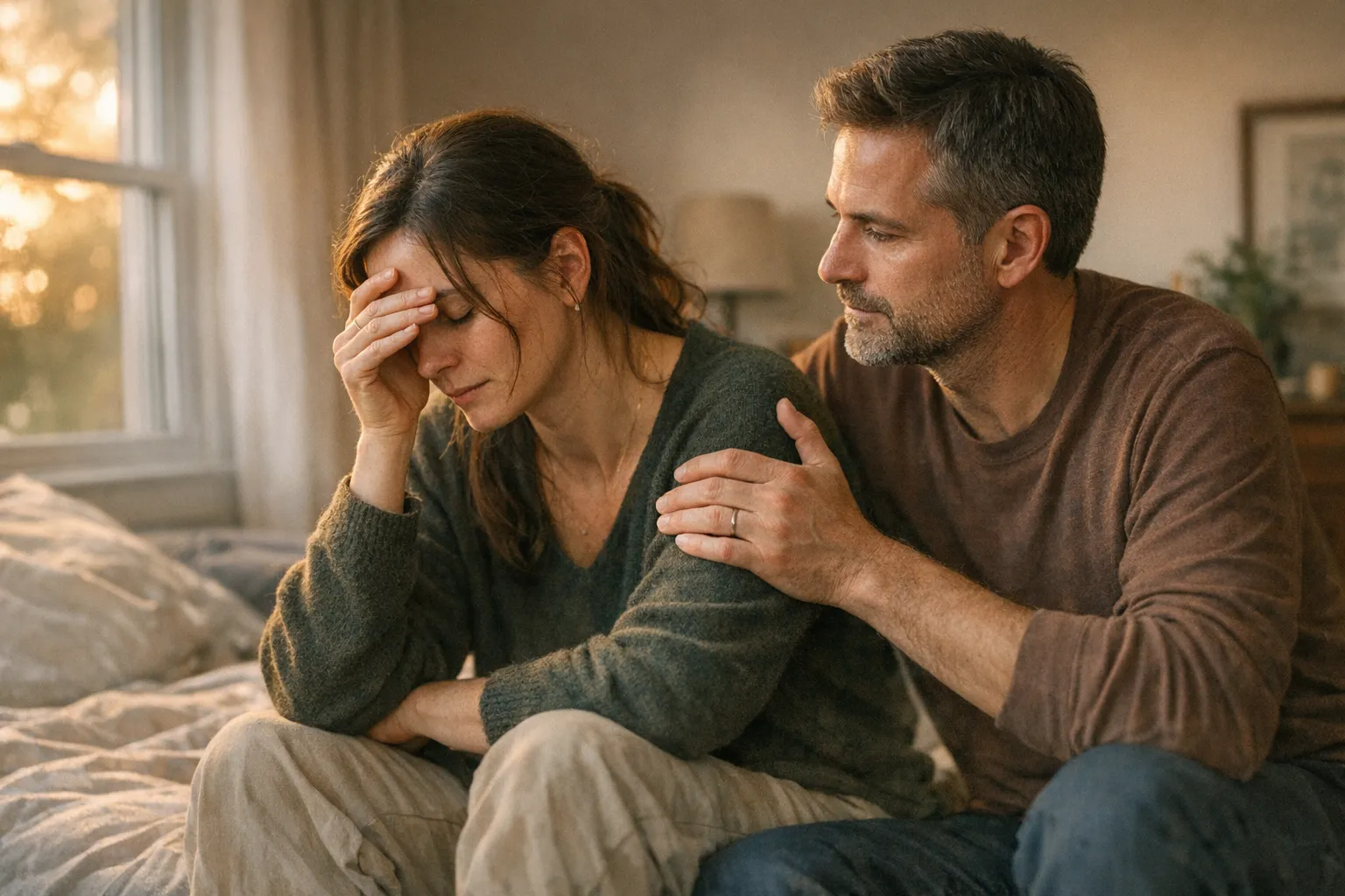 Couple sitting together at home in a tense but calm moment, one partner visibly upset while the other listens with steady, supportive attention.
