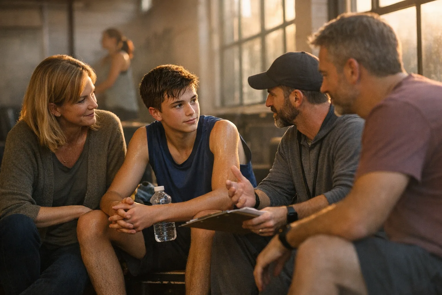 Young athlete sitting with a coach or parent after practice, talking quietly in soft natural light, suggesting support, emotional regulation, and growth.
