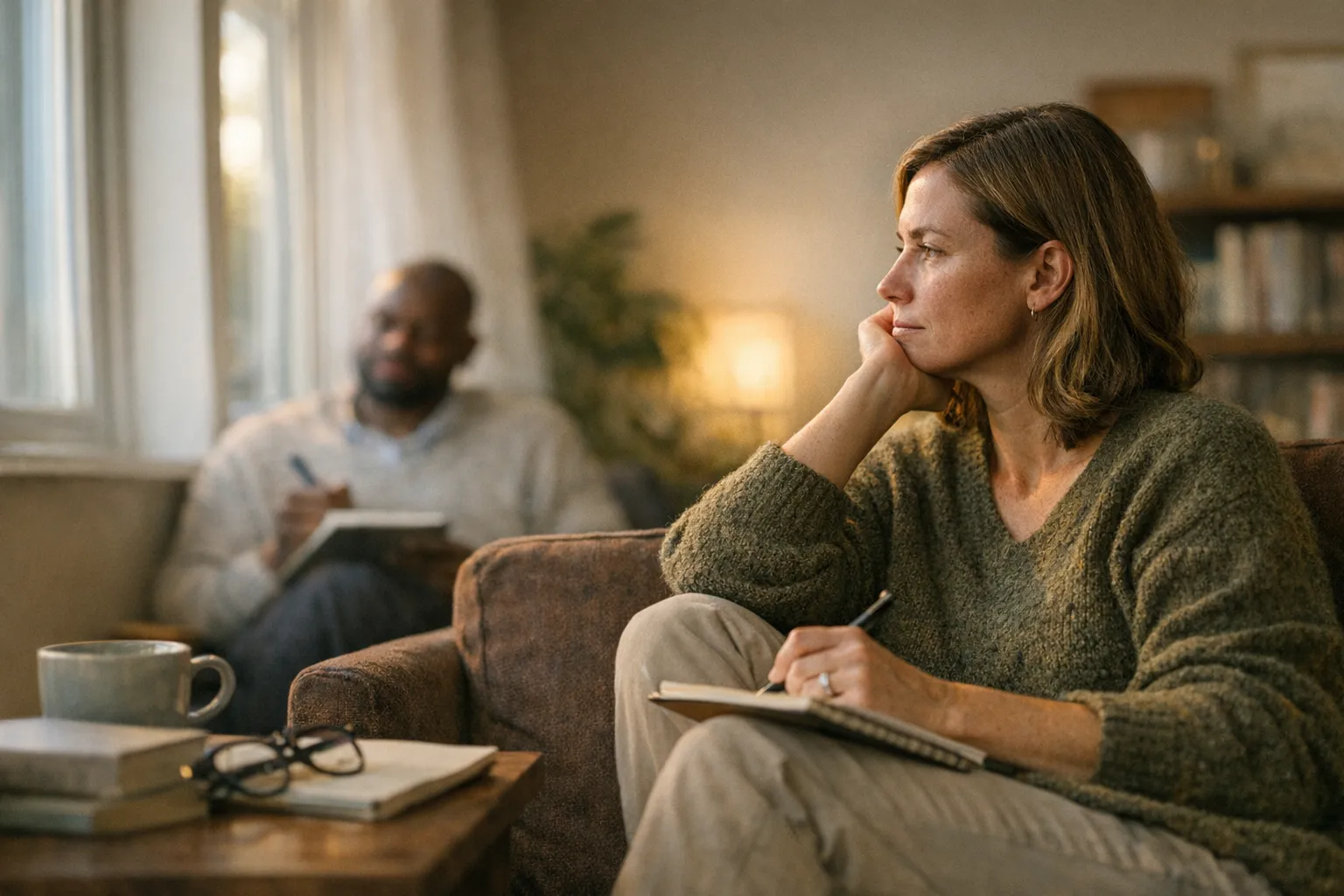 Person sits thoughtfully in a calm therapy office, choosing between notes on different therapy approaches in soft natural window light.