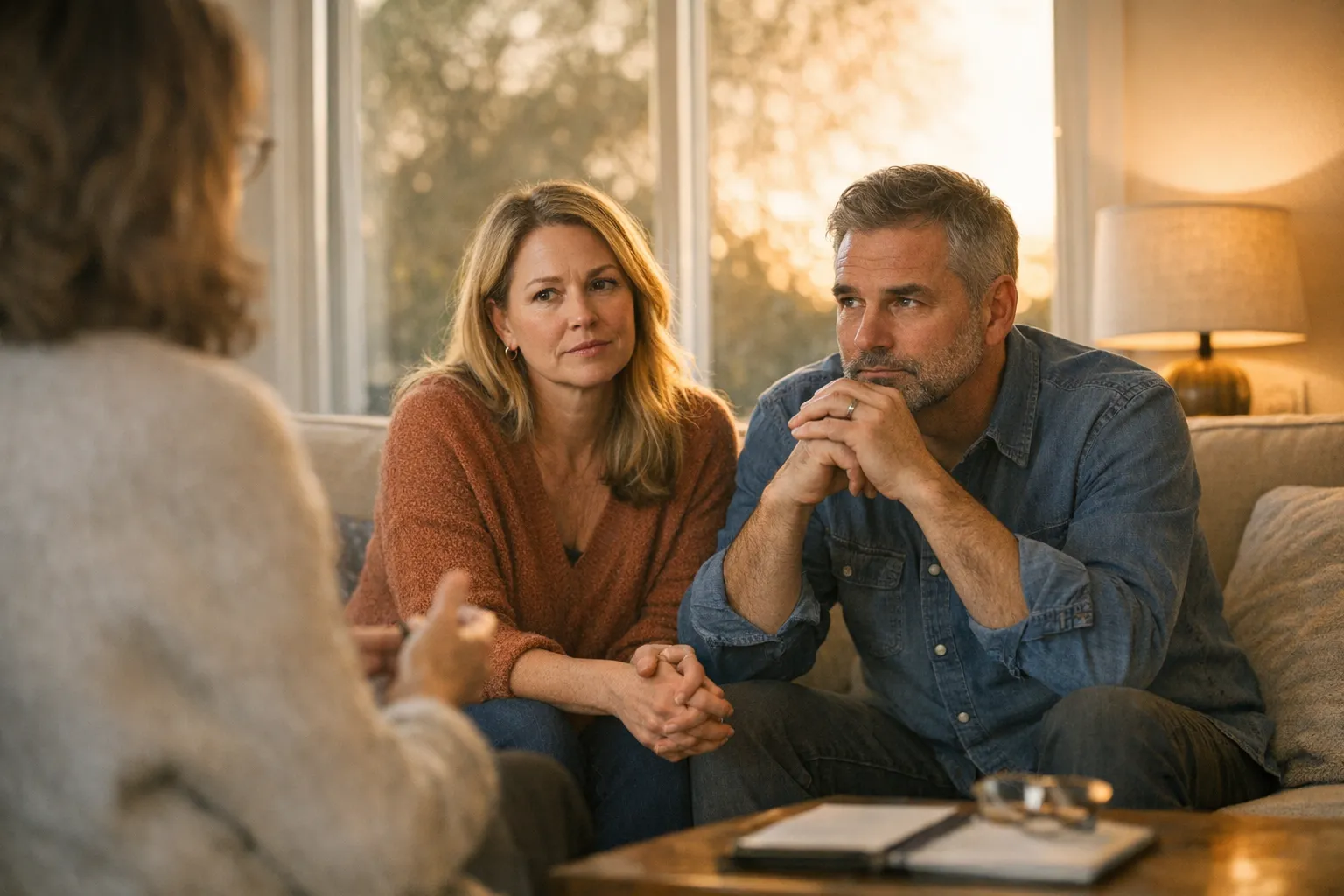 Couple in thoughtful conversation with a therapist in a softly lit office, suggesting a grounded, practical approach to high-conflict relationship work.
