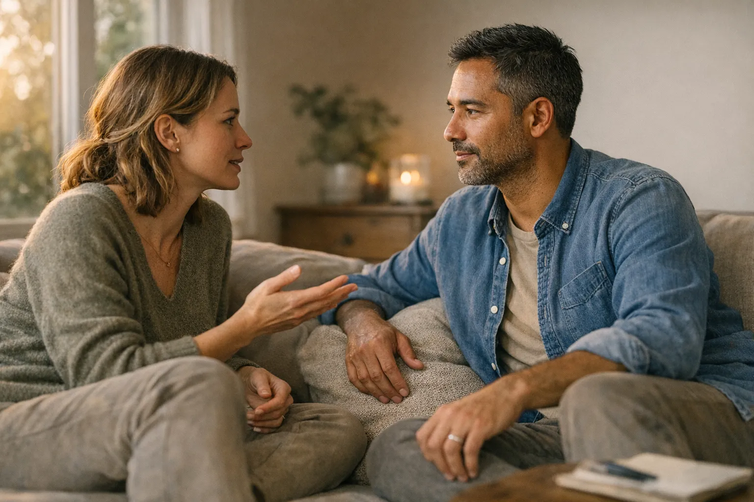 Couple sitting close together at home, talking gently in soft natural light, suggesting honest communication about needs in a caring relationship.