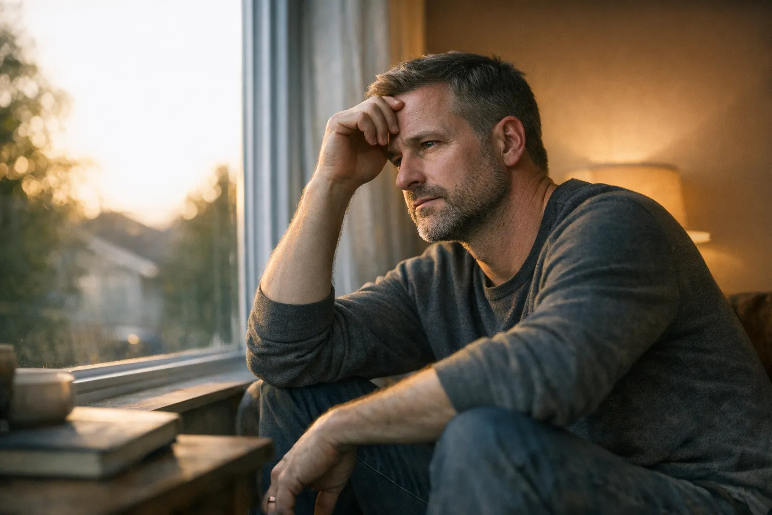 White man sits alone by a window in soft natural light, looking thoughtful and uneasy, conveying reflection, defensiveness, and vulnerability.