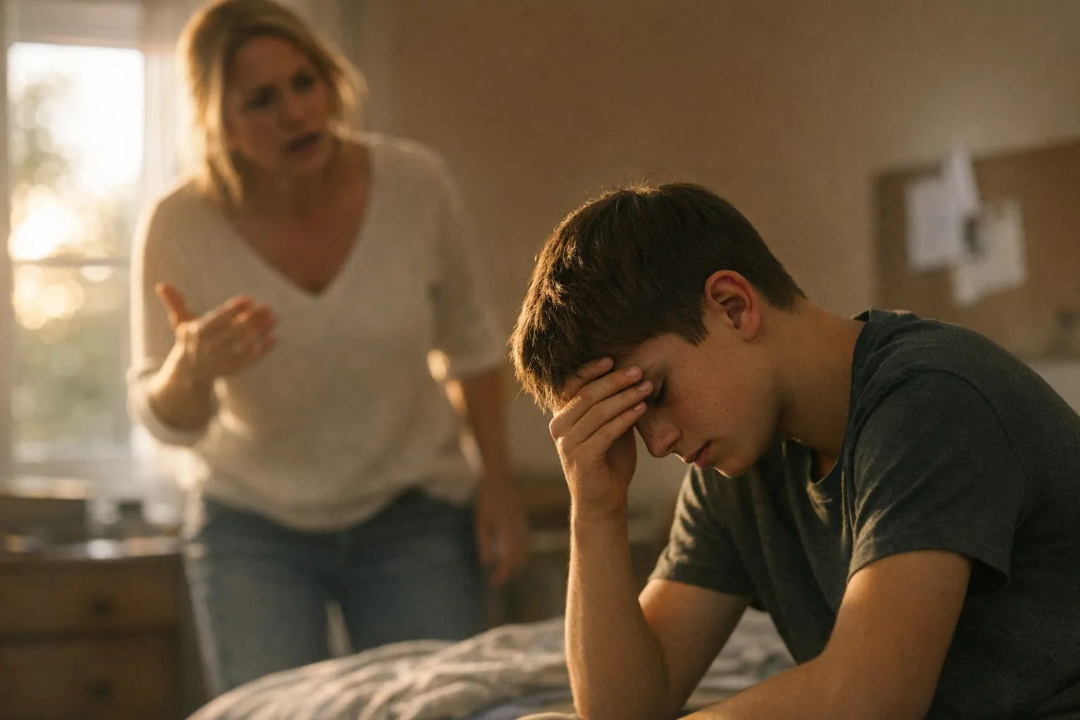 Parent scolding a child who looks withdrawn, captured in soft natural light to convey how harsh parenting can undermine a child’s sense of safety and strength.