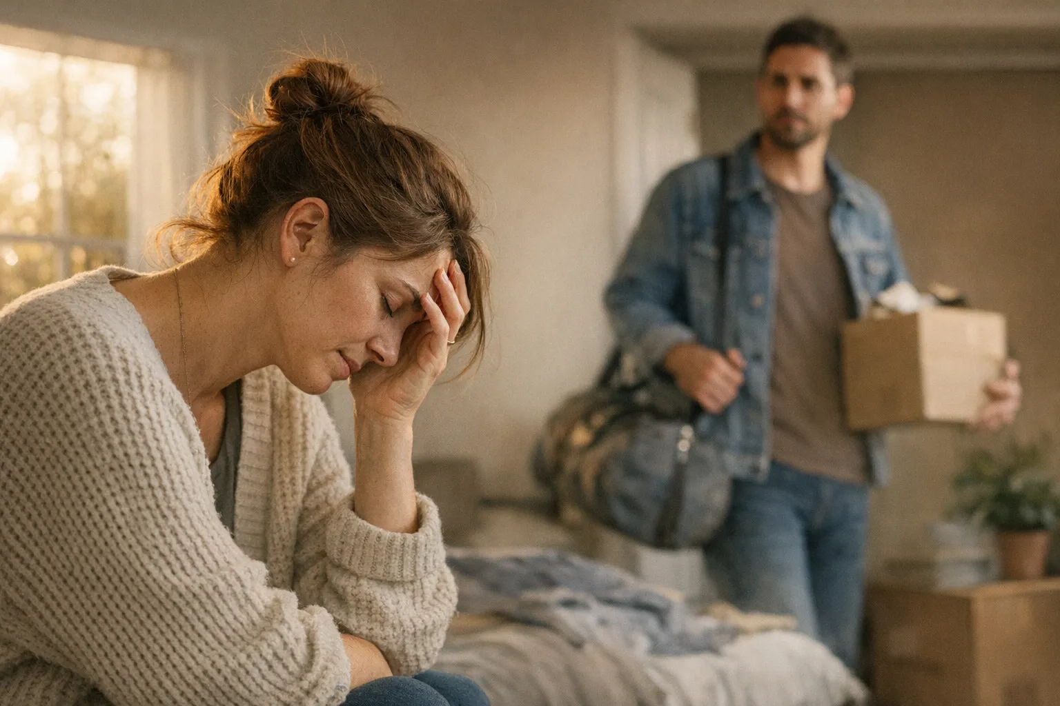 Two people sit apart in quiet tension, avoiding eye contact in soft natural light, capturing the grief and distance of a breakup.