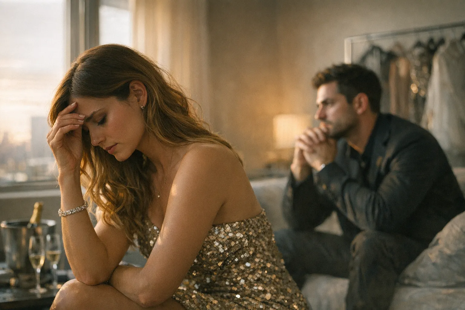 Famous-looking couple sit apart in soft natural light, tense and distant as cameras blur in the background, suggesting love under public pressure.