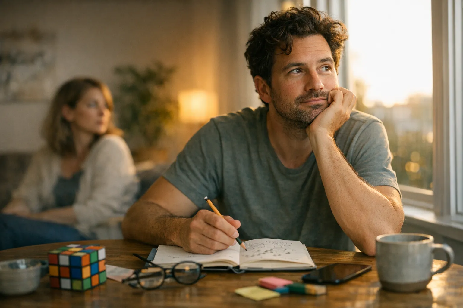 Adult couple at home in warm natural light, one partner animated and expressive while the other listens closely, suggesting ADHD energy within a caring