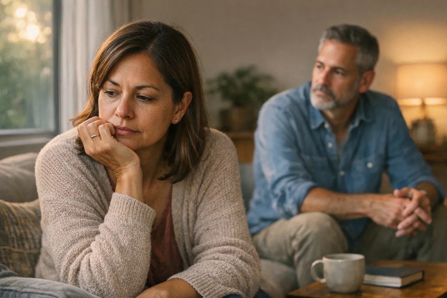 Long-married couple sit apart in soft natural light, looking distant and reflective, suggesting emotional disconnection and the possibility of repair.
