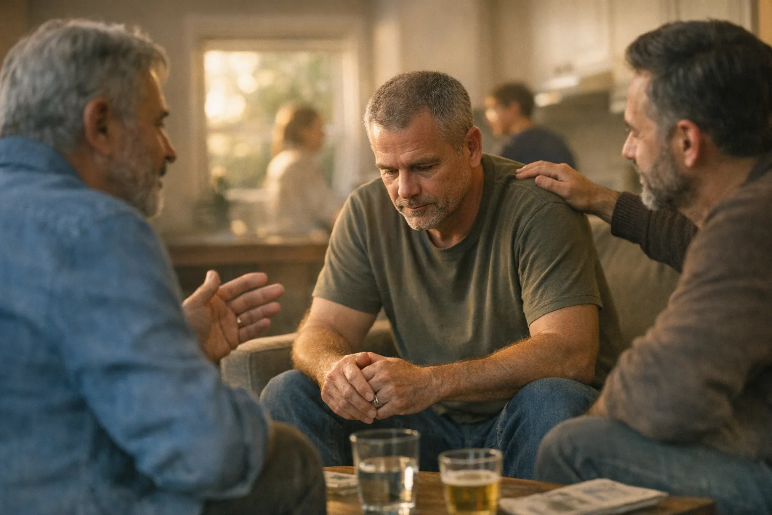 Middle-aged man sitting alone at home in soft natural light, looking thoughtful, suggesting the quiet social isolation many men experience over time.