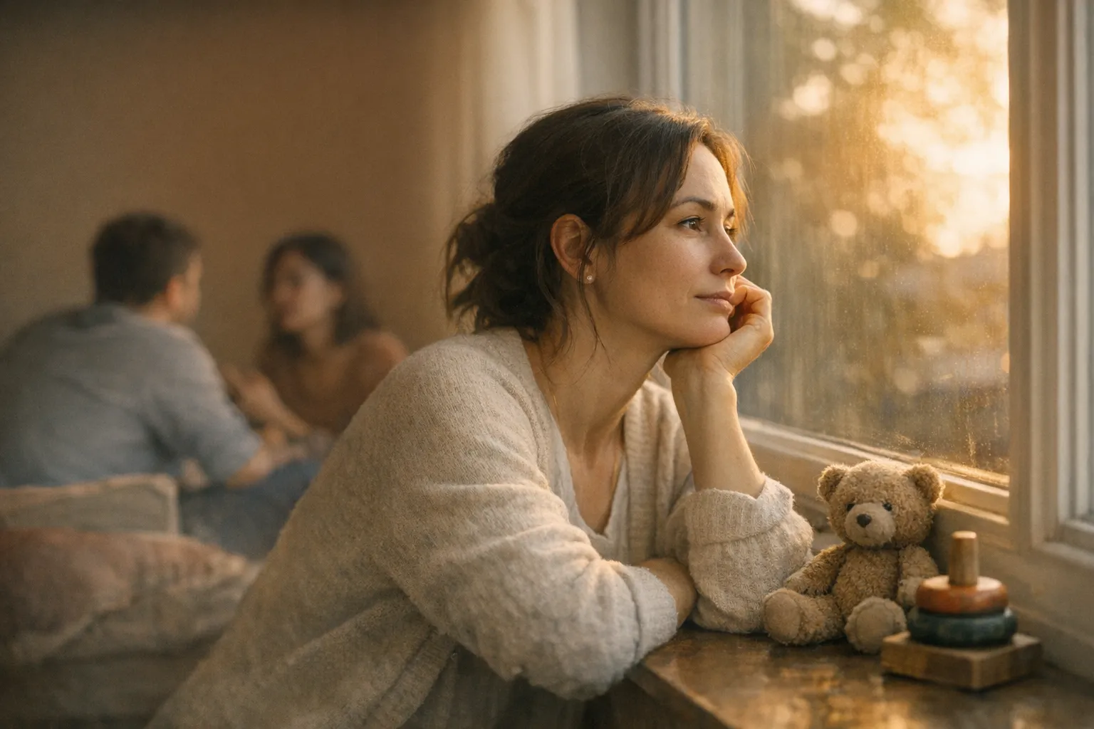 Adult sitting quietly by a window in soft natural light, reflective expression and relaxed posture suggesting early emotional patterns and healing.