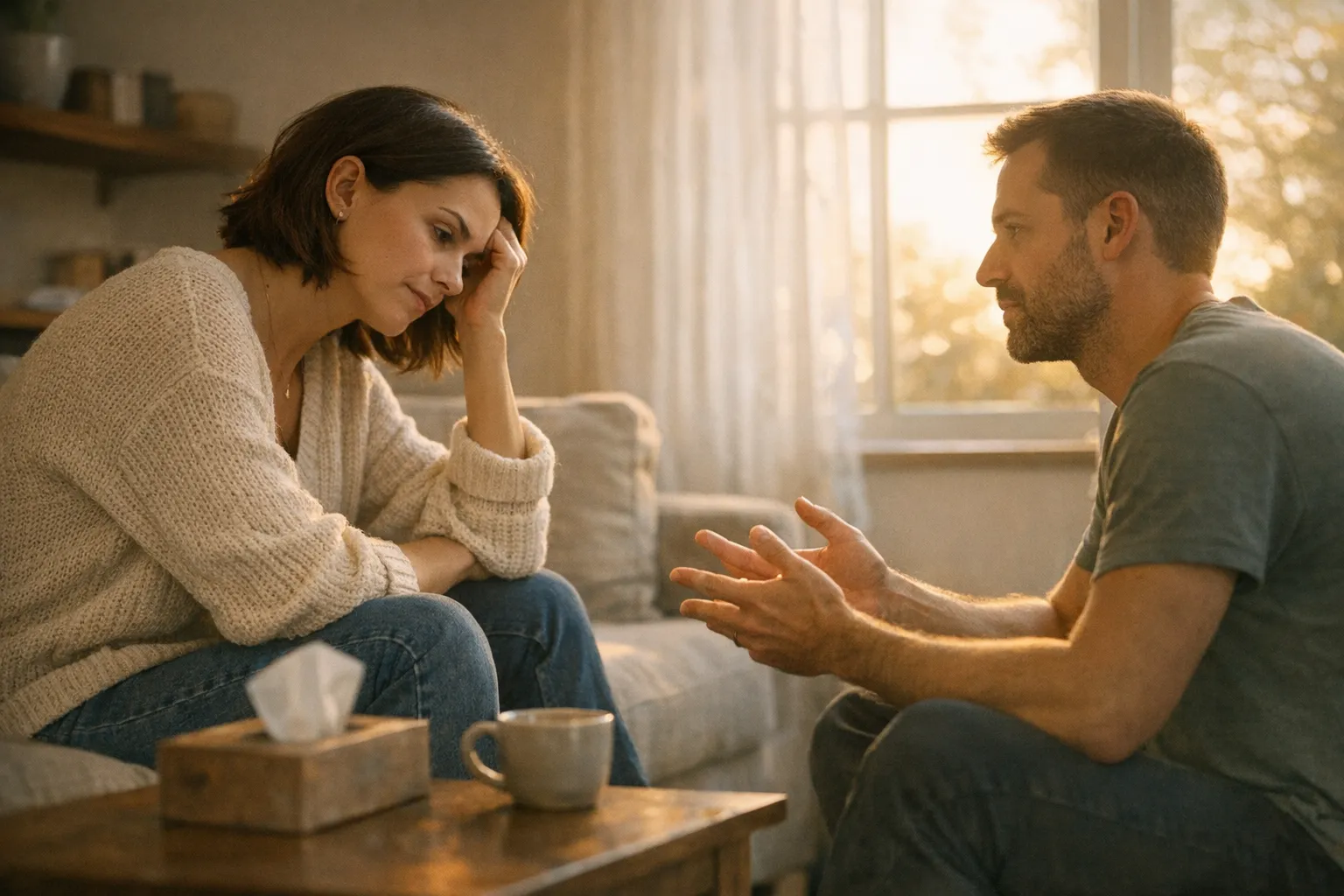 Couple sitting together in soft natural light, one partner speaking thoughtfully while the other listens, suggesting emotional honesty and calm communication.