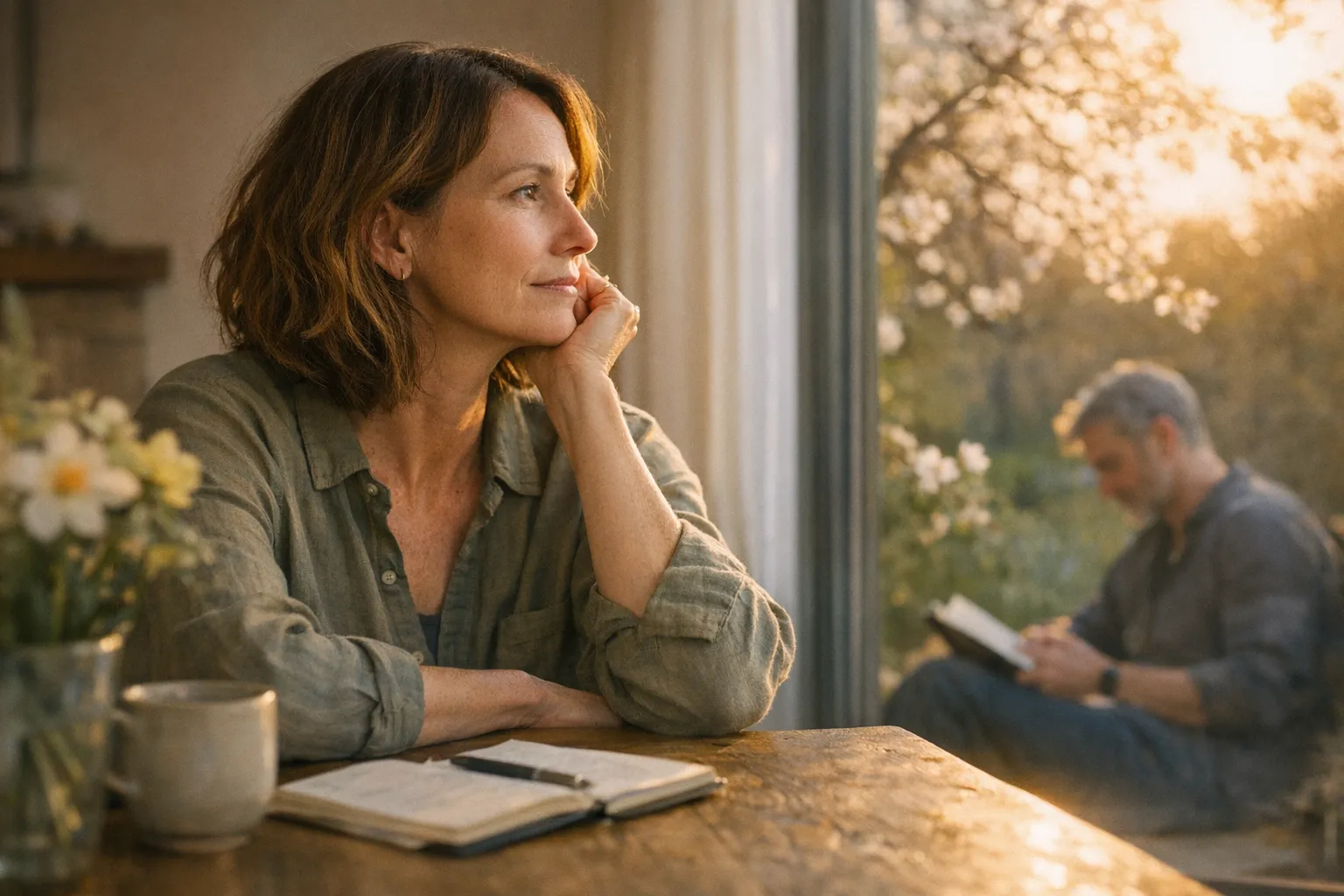 Person by a sunlit window in spring, thoughtfully journaling among fresh greenery, conveying reflection on relationships, values, and life direction.