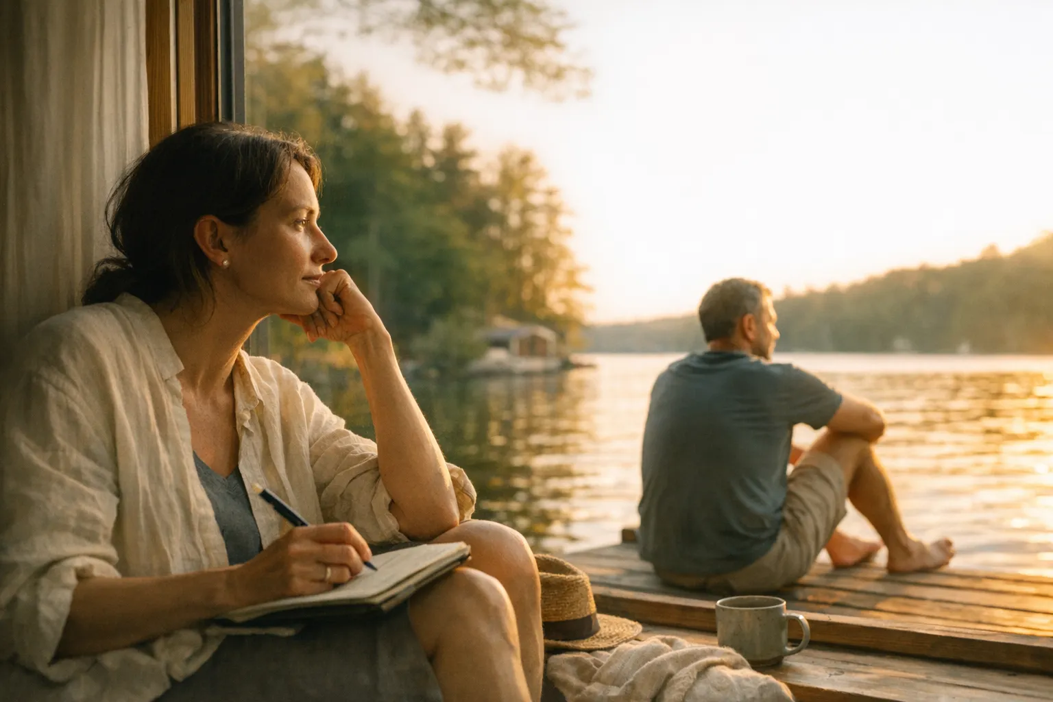 Couple sitting quietly together on summer vacation, gazing at the view in soft golden light, suggesting reflection, connection, and where the relationship is