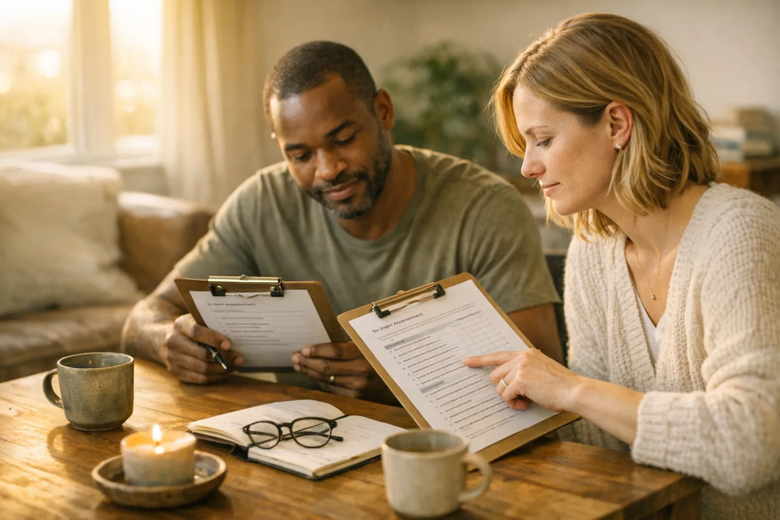 Couple and individual seated with journals in soft natural light, reflecting quietly as they compare notes, suggesting thoughtful relationship self-assessment.