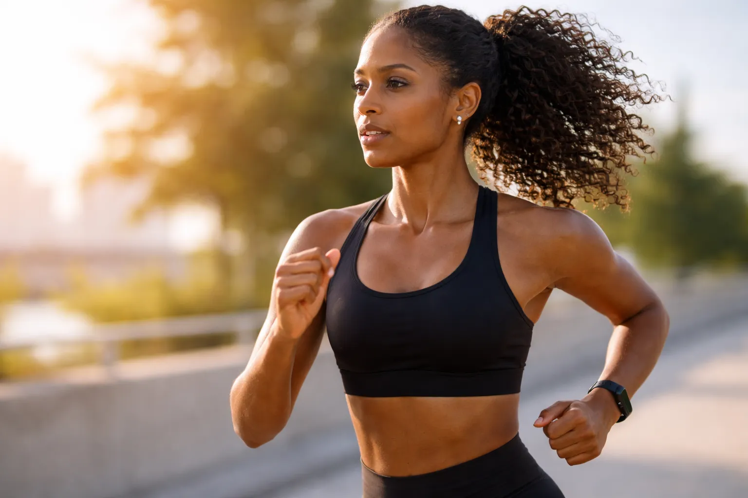 Woman running outdoors, training with focus
